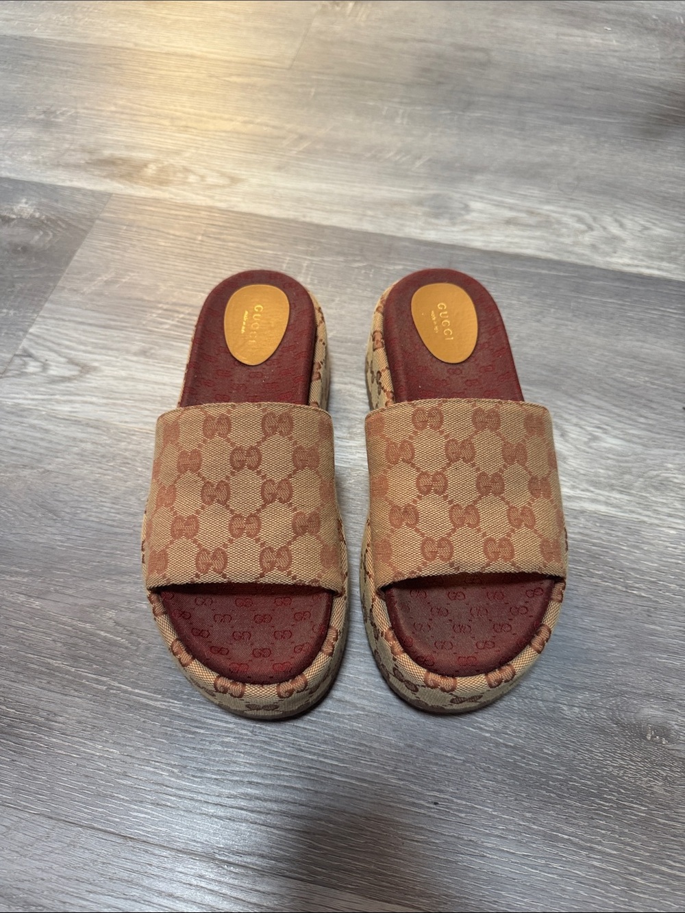 Gucci Beige Brown GG Canvas Platform Slide Sandals